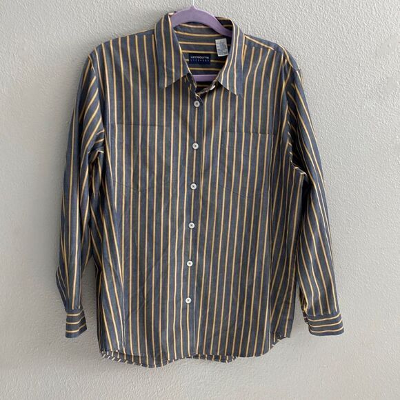 Liz Claiborne- blue and yellow striped button up- Size Large - Picture 1 of 6